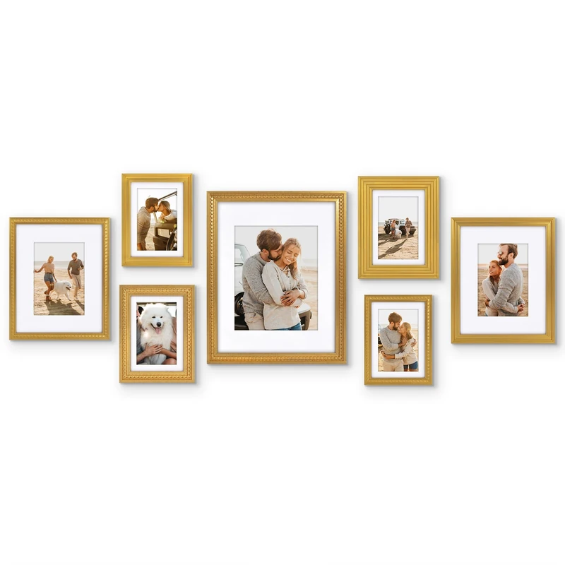 Americanflat Set of 7 Vintage Gold Frames with Polished Clear Glass - Gallery Wall Frame Set with One 11x14 Frame, Two 8x10 Frames, and Four 5x7 Frames - Antique Frames for Tabletop or Wall Display