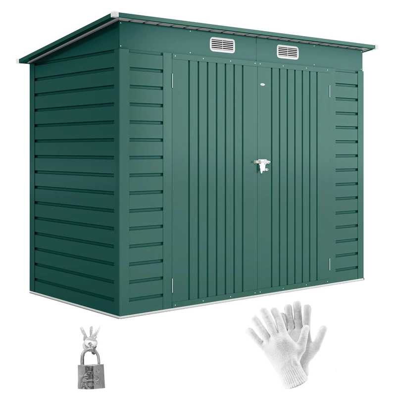 Outsunny 8 x 4FT Garden Shed, Galvanised Steel Metal Shed, Easy to Assemble, Patio Outdoor Tool Storage Shed, Waterproof with Pent Roof, Lockable Door and 2 Vents, Lock and Keys, Green