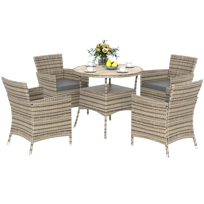 Outsunny 4 Seater Rattan Dining Set with Cushions, Double Layer Table with Wood-like Slat Top, PE Rattan Garden Furniture Set, Outdoor Dining Table and Chairs for Patio, Balcony, Lawn, Grey