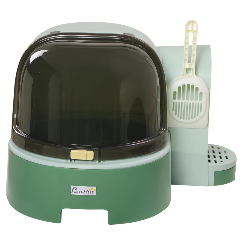 PawHut 2 In 1 Cat Litter Tray w/Drawer Pans, Scoop, Openable Cover - Green - Image 1