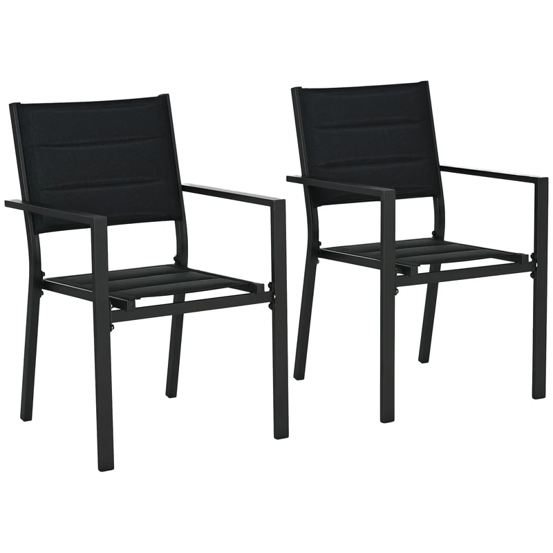 Outsunny 2 Pieces Garden Dining Chairs, Aluminium Outdoor Armchair for 2 with Breathable Mesh Fabric, Stackable Design, Black