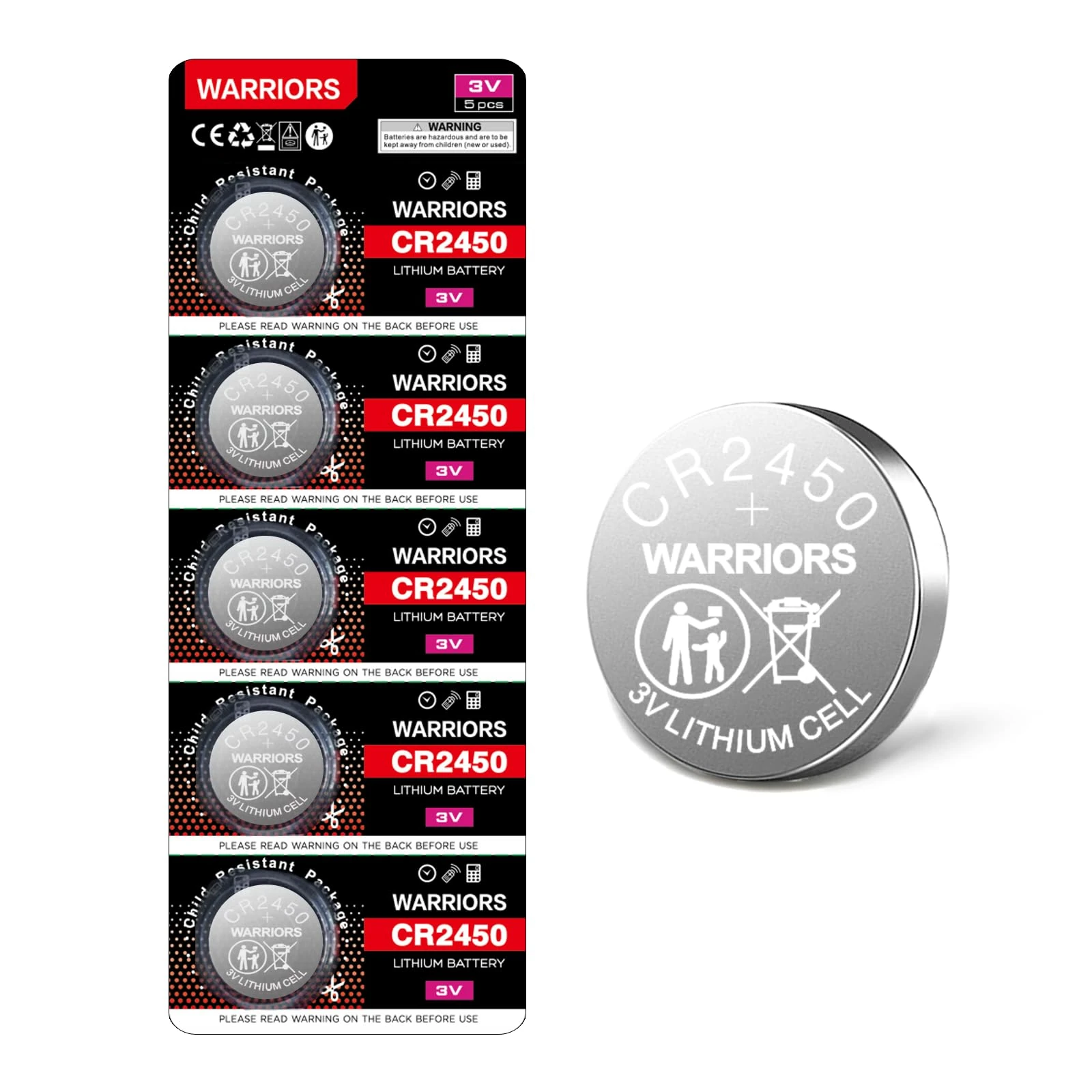 Warriors 5X 2450 CR2450 Coin Button Cell 3V 3 Volt Lithium Batteries Battery Child Resistance Safety Package Retail Pack