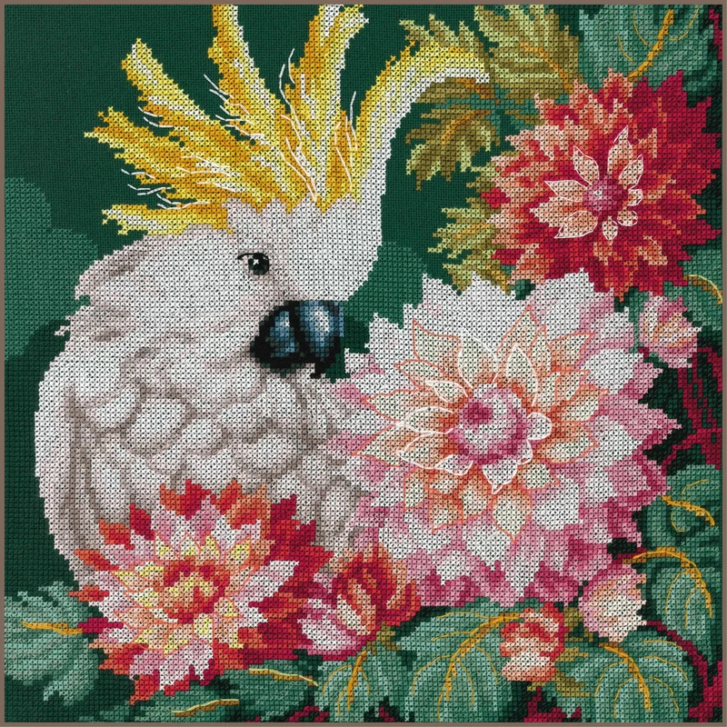 Lanarte Animals Cockatoos Dahlias Counted Cross Stitch Kit