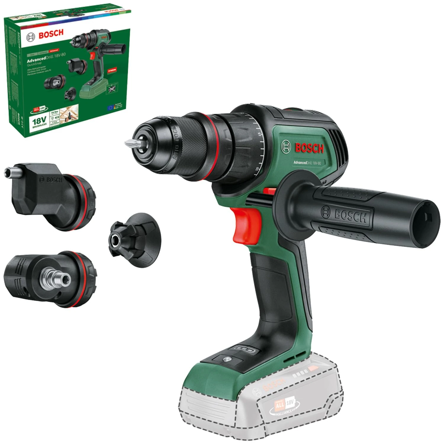 Bosch Cordless Drill Driver AdvancedDrill 18V-80 QuickSnap (for Drilling and Screwdriving; 18V; Metal Chuck; Magnetic Cap; Eccentric & Angle Attachment; Auxiliary Handle; Without Battery)