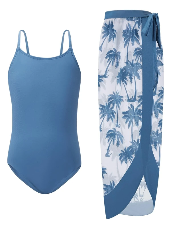 Naiyafly Girls One Piece Swimsuit with Cover Up Wrap Skirt Set Tropical Two Piece Bathing Suit For Teen Girls Kids Beach Swimwear 9-14 Years