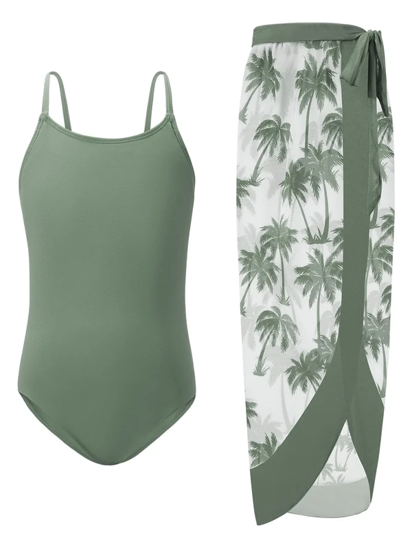 Naiyafly Girls One Piece Swimsuit with Cover Up Wrap Skirt Set Tropical Two Piece Bathing Suit For Teen Girls Kids Beach Swimwear 9-14 Years