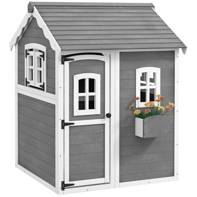 Outsunny Wooden Kids Playhouse - Grey Outdoor Wendy House
