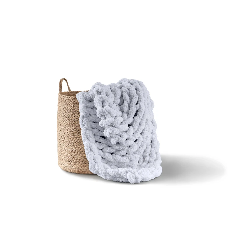 Adyrescia Chunky knit blanket throw | 100% hand-knitted with jumbo chenille yarn (152 x 203 cm, light grey)
