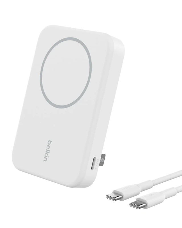 Belkin BoostCharge Pro Wireless Power Bank 8000mAh with Qi2, MagSafe Compatible Portable Charger + Built-in Pop-up Kickstand, For iPhone 17, iPhone Air, 16, 15, 14, Pixelsnap and More - White