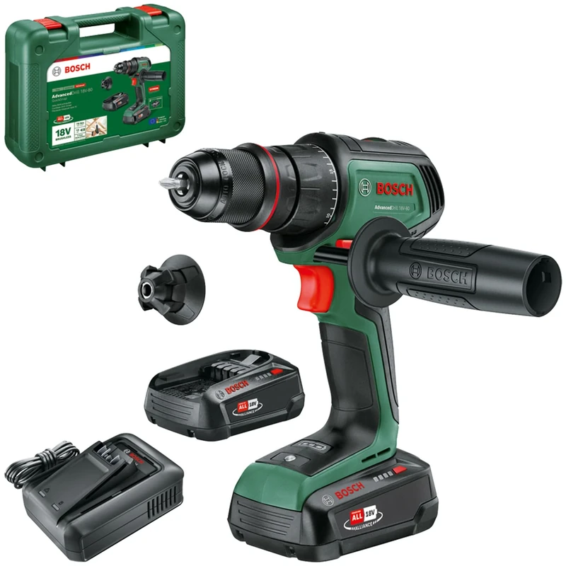 Bosch AdvancedDrill 18V-80 Cordless Drill (Drill and Screw; 18V System; 78 Nm; Metal Chuck; Magnetic Bit; Aux Handle; Two Batteries and Charger)