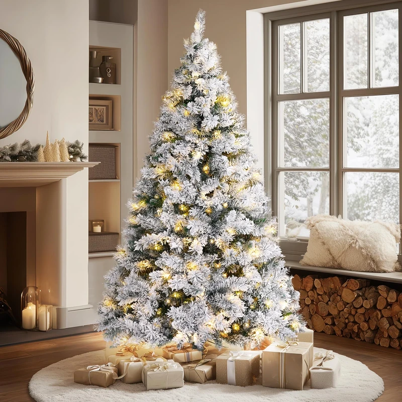 VeryMerry 6FT Pre Lit Snowy Christmas Tree with 300 Built-In Warm White LED Lights with Auto-Off Timer, 8 Lighting Modes, Foldable Metal Stand, Snow Flocked Artificial Tree