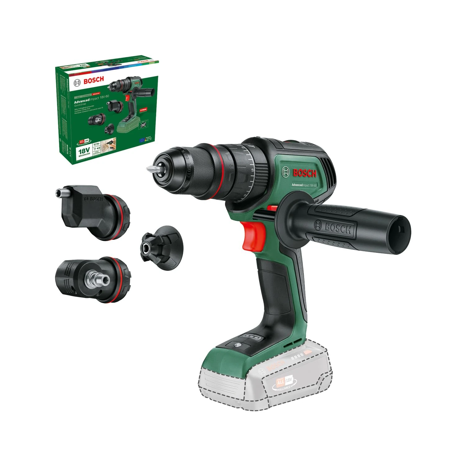 Bosch Cordless Combi Drill AdvancedImpact 18V-80 QuickSnap (for Drilling and Screwdriving; 18V System; Brushless; 82 Nm; 13mm Drill Chuck; Auxiliary Handle; Without Battery)
