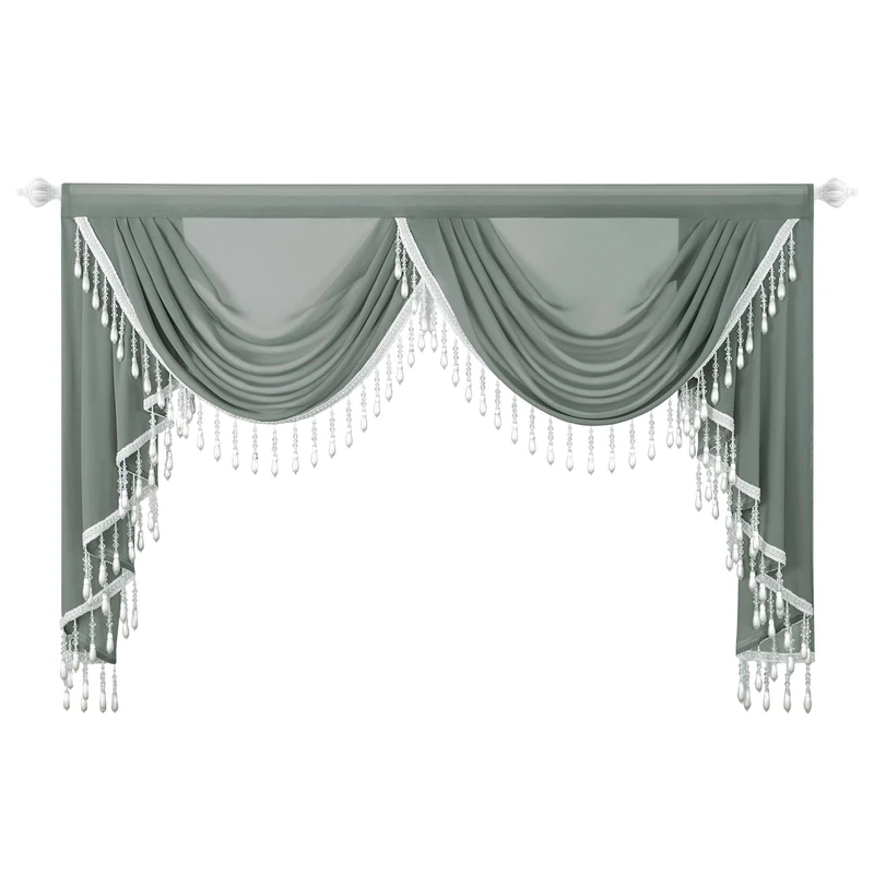 VOGOL Luxury Vintage Style Curtain Valance, Retro Light-Filtering Decorative Swag Valance for Hotel Cafe, 1 Panel Rod Pocket Waterfall Drapery for Living Room, 59 Inches Wide, Grey
