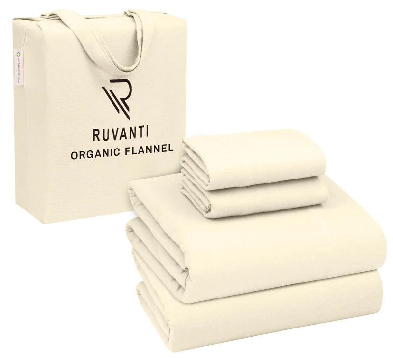 Ruvanti Organic Flannel Sheets Full Size - 100% Cotton Double Brushed Bed Sheet Set - Deep Pocket 16 Inches - All Seasons Breathable, Extra Soft, Warm & Cozy - 4 Pieces - Winter White