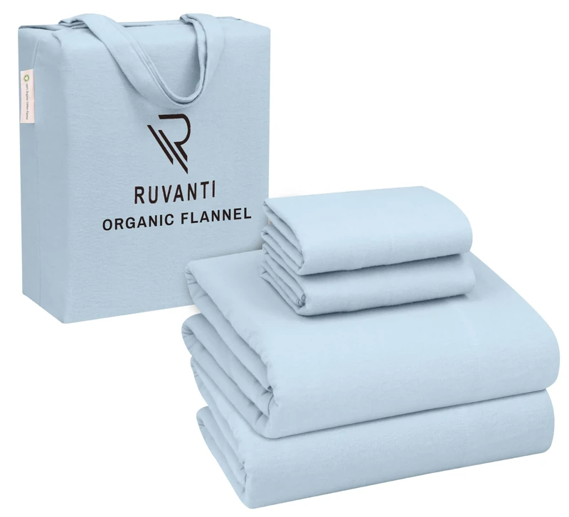 Ruvanti Organic Flannel Sheets Full Size - 100% Cotton Double Brushed Bed Sheet Set - Deep Pocket 16 Inches - All Seasons Breathable, Extra Soft, Warm & Cozy - 4 Pieces - Baby Blue