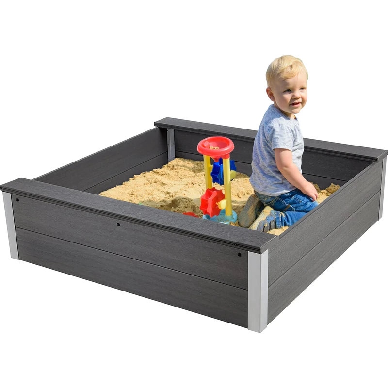 dobar® Sandpit made of weather-resistant WPC - sand box for playing for the garden - 115 x 115 x 30 cm - anthracite
