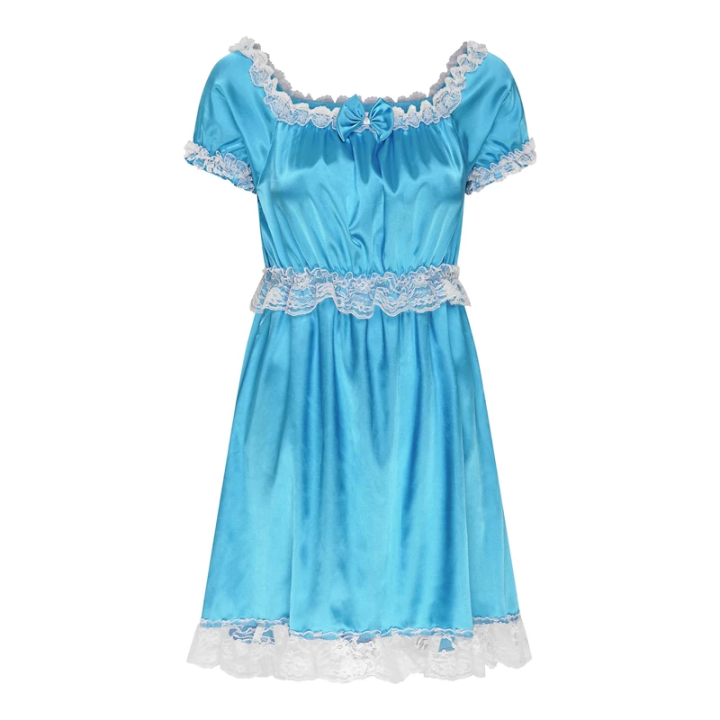 Satini Lingerie Satin Sissy Babydoll Ruffles Frilly Lace Slip Nightwear Dress (Aqua Blue, XXL)