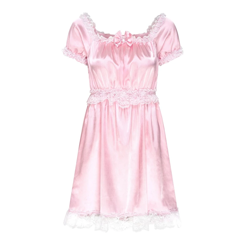 Satini Lingerie Satin Sissy Babydoll Ruffles Frilly Lace Slip Nightwear Dress (Baby Pink, XXL)