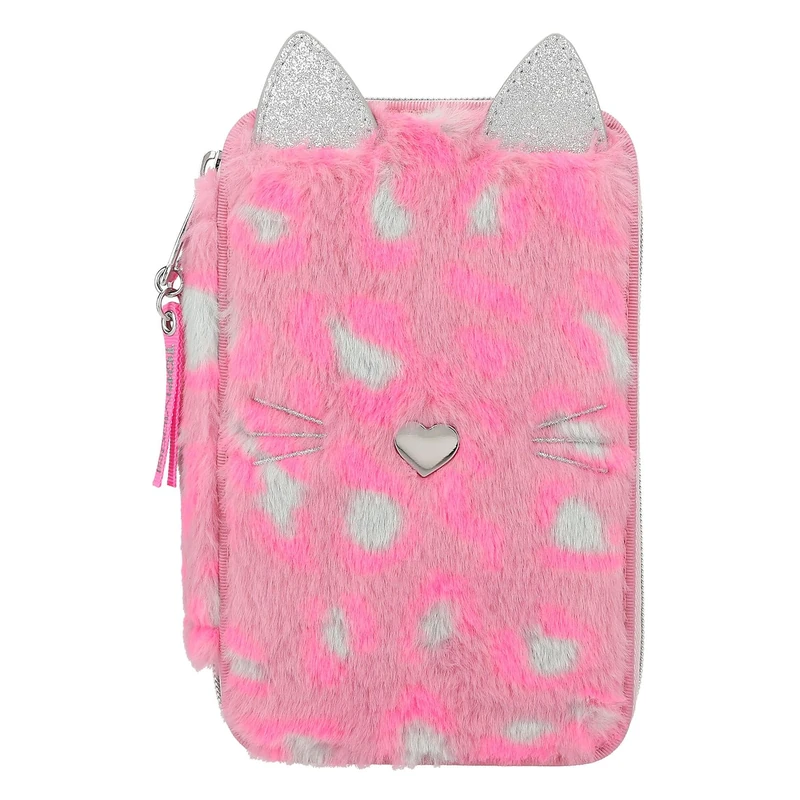 Depesche TOPModel 12787 3 Compartment Pencil Case with Heart Shaped Nose and Spotted Pattern with Coloured Pencils, Ruler, UVM Scissors