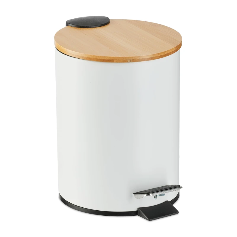 Relaxdays Step Pedal Bin, 3 Litre, Soft-close Bamboo Lid, Removable Inside, Bathroom Cosmetic Waste, Metal, White