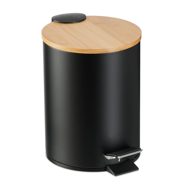 Relaxdays Step Pedal Bin, 3 Litre, Soft-close Bamboo Lid, Removable Inside, Bathroom Cosmetic Waste, Metal, Black