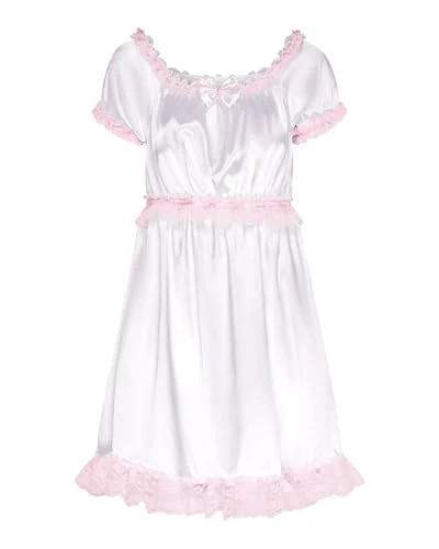 Satini Lingerie Satin Sissy Babydoll Ruffles Frilly Lace Slip Nightwear Dress (White, XXL)