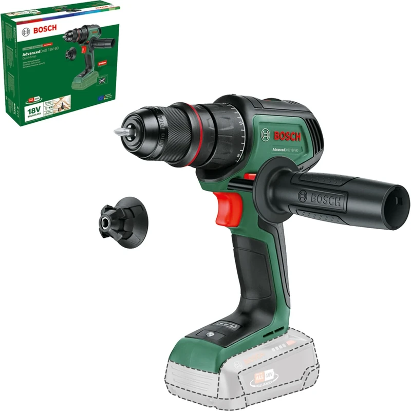 Bosch Cordless Drill Driver AdvancedDrill 18V-80 QuickSnap (for Drilling and Screwdriving; 18V System; Brushless Motor; 78 Nm; 13 mm Metal Chuck; Magnetic Cap; Without Battery)
