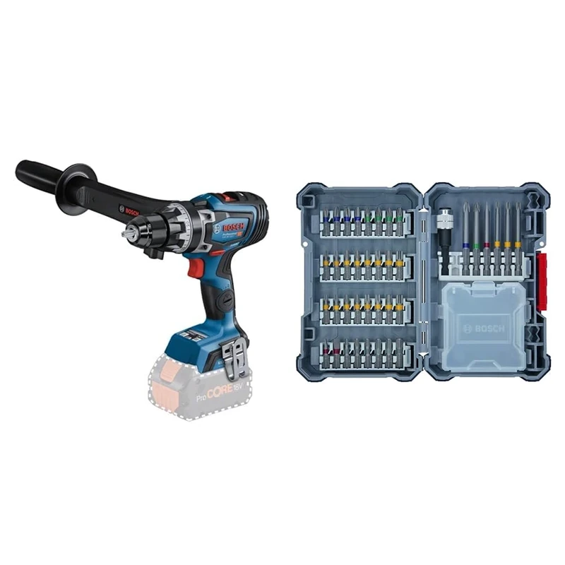 Bosch Professional BITURBO GSR 18V-150 C Cordless Drill/Driver (max. Torque of 150 Nm, in Cardboard Box) + 40-Pieces Drill Set (Extra Hard Screwdriver Bits, with Universal Holder)