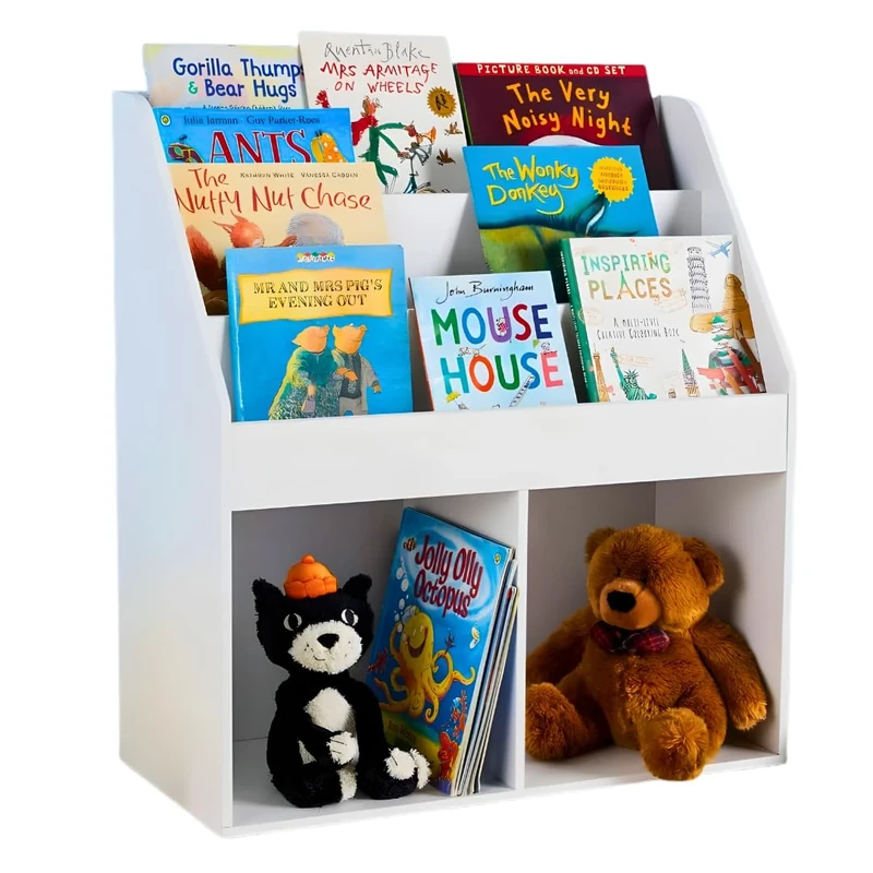 Home Source Children’s Bookcase Storage Unit White 30 x 73 x 80 cm, 3 Tier Display Kids Bookshelf with Under Storage Unit and Deep Compartments, Wooden Nursery Book case for Toy and Book Storage