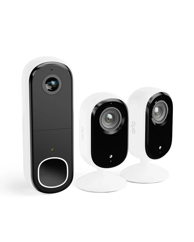 Arlo Indoor Camera with Video Doorbell, 2K Indoor Pet Camera Wired, HD Video Doorbell Wireless, Security Kit, Night Vision, Motion Sensor, Siren, 2-Way Audio, Free Trial of Arlo Secure, White