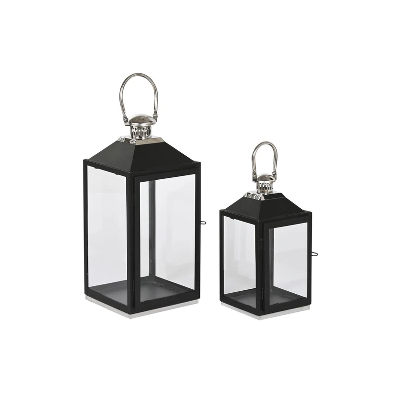 Home ESPRIT Lantern Black Silver Glass Steel 18 x 18 x 41 cm (2 Pieces)