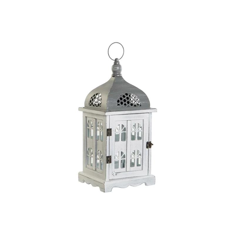 DKD Home Decor Lantern Antique Finish White Grey Wood Glass 19 x 19 x 42 cm
