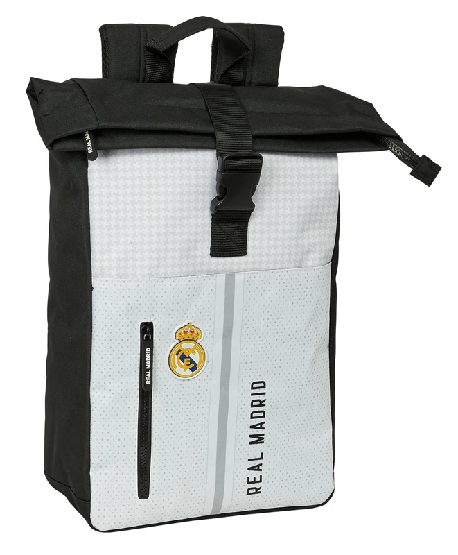 Real Madrid 1st Team 24/25 Backpack with Flap for 15.6 Inch Laptop, Ideal for Various Ages, Comfortable and Versatile, Quality and Strength, 28 x 13 x 42 cm, White/Grey, - Image 1