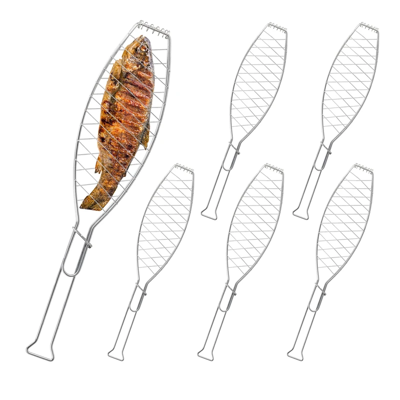 Relaxdays 6x Fish Roaster, Stainless Steel, Handle, Grid for Barbecue, Seafood, Vegetables, 1.5 x 52 x 12.5 cm, Silver