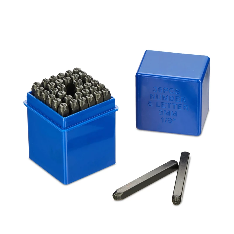 Relaxdays Alphabet Stamp Set, Punch Letter, 36-piece, 3 mm, Leather and Metal, with Box, Tool A-Z & 0-9, Steel, Black