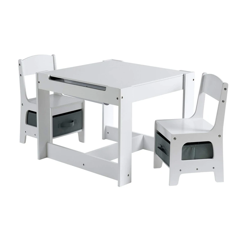 Home Source Childrens Table and Chair Set, White, 60 X 60 X 48 cm with Extra Storage Baskets Under the Chairs and a Reversible Top/Chalkboard, Playroom Furniture, 3-Piece Drawing Table and Chairs - Image 1