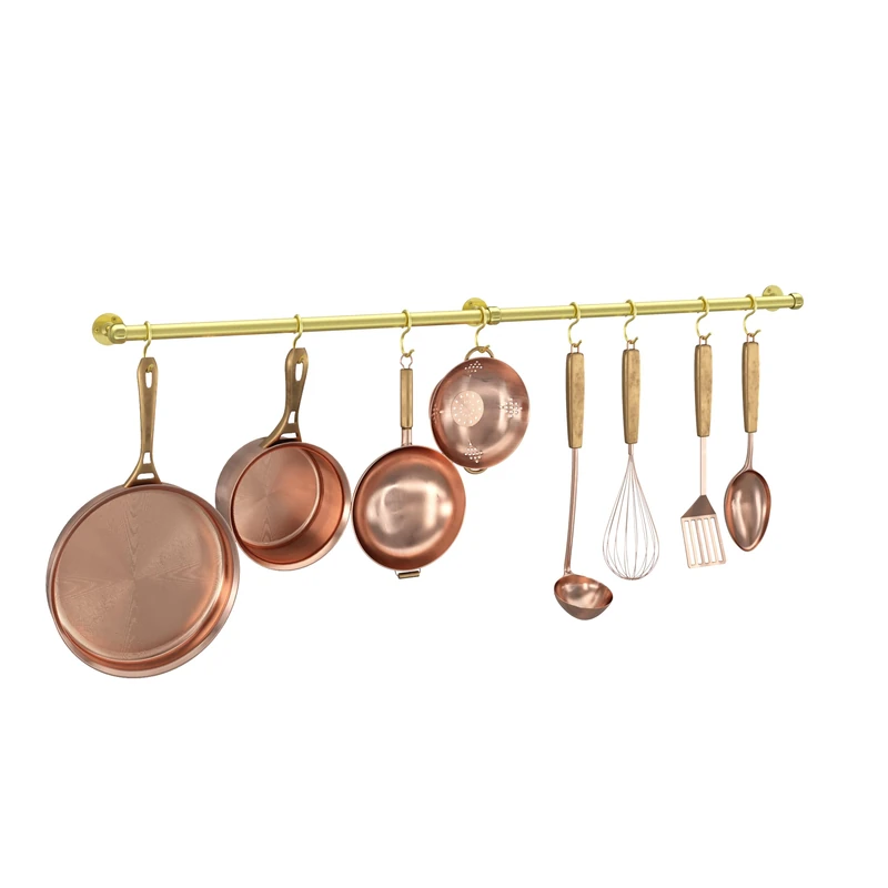 ROTHLEY Stainless Steel Pot Pan Hanger 100cm Wall Mounted Pot Pan Hanger Kitchen Wall Rail with Hooks (Brass) - Image 1