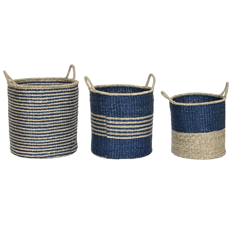 Home ESPRIT Set of Baskets Natural Blue Jute Sea Grass Mediterranean 43 x 43 x 54 cm (3 Pieces)