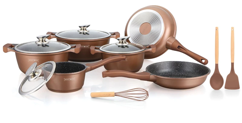 ROYALTY LINE, 13-Piece Cookware Set, Cast Aluminium, Marble Coating, with Removable Silicone Handles, Compatible with All Heat Sources, Bronze Color