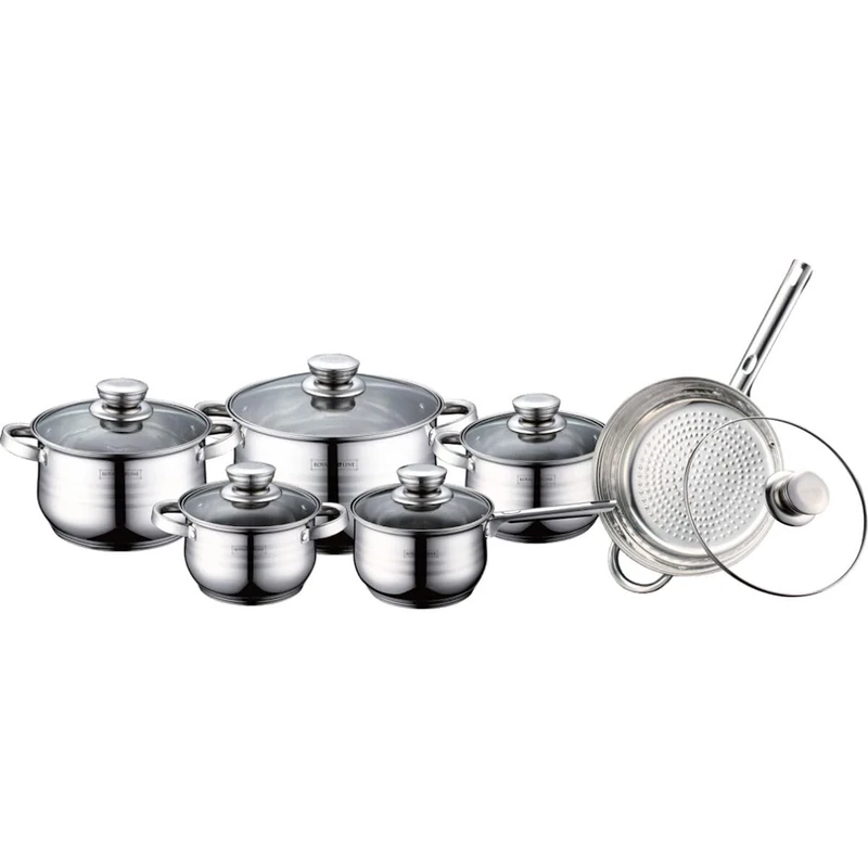 ROYALTY LINE, Set of 12 Pieces, Stainless Steel cookware, Frying pan ø 24 cm, saucepans ø 16, 18, 20, 24 cm with Glass lids, All Heat Sources, Silver