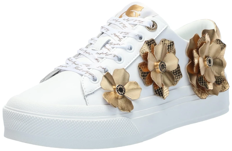 KARL LAGERFELD Women's Georgia Lace Up Sneaker, Bright White/Gold, 6.5 UK