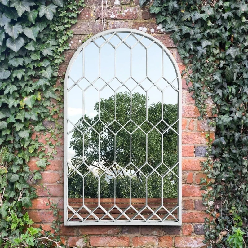 The Arcus - 'Off' White Metal Framed Arched Garden Wall Mirror 49" X 30" (125CM X 75CM) Unique Design!
