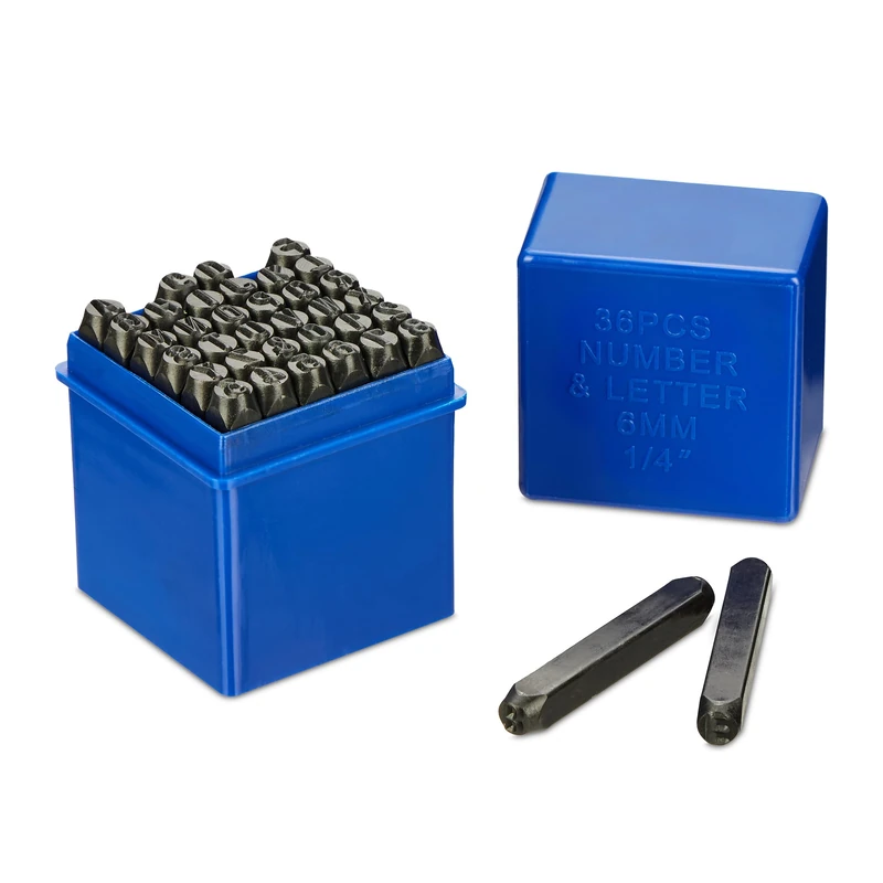 Relaxdays Alphabet Stamp Set, Punch Letter, 36-piece, 6 mm, Leather and Metal, with Box, Tool A-Z & 0-9, Steel, Black