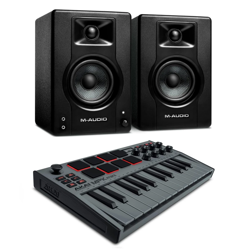 Recording Studio Package - Akai Professional MPK Mini MK3 USB MIDI Keyboard Controller and M-Audio BX3 3.5" 120W Speakers, with Production Software, grey