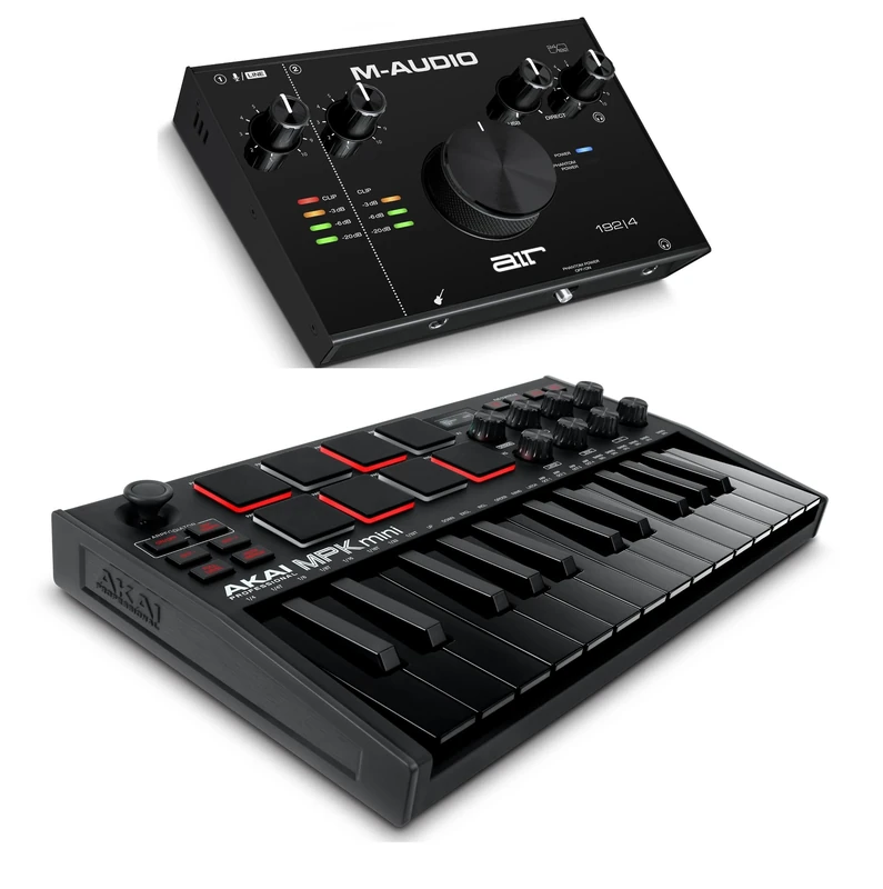 Recording Studio Package - Akai Professional MPK Mini MK3 USB MIDI Keyboard Controller and M-Audio AIR 192I4 Audio Interface, with Production Software, black