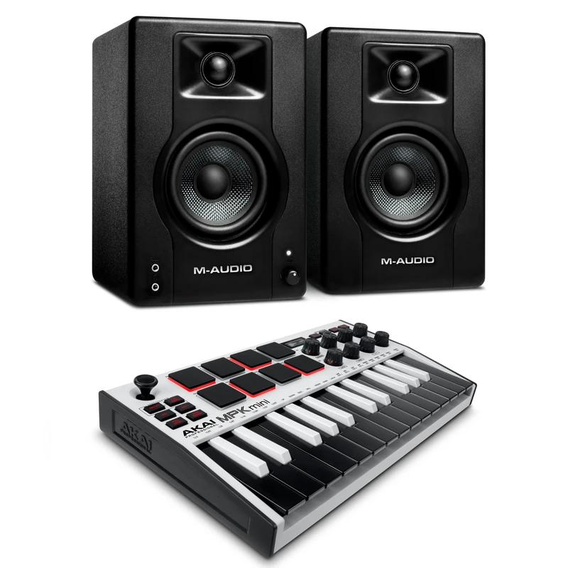 Recording Studio Package - Akai Professional MPK Mini MK3 USB MIDI Keyboard Controller and M-Audio BX3 3.5" 120W Speakers, with Production Software, white