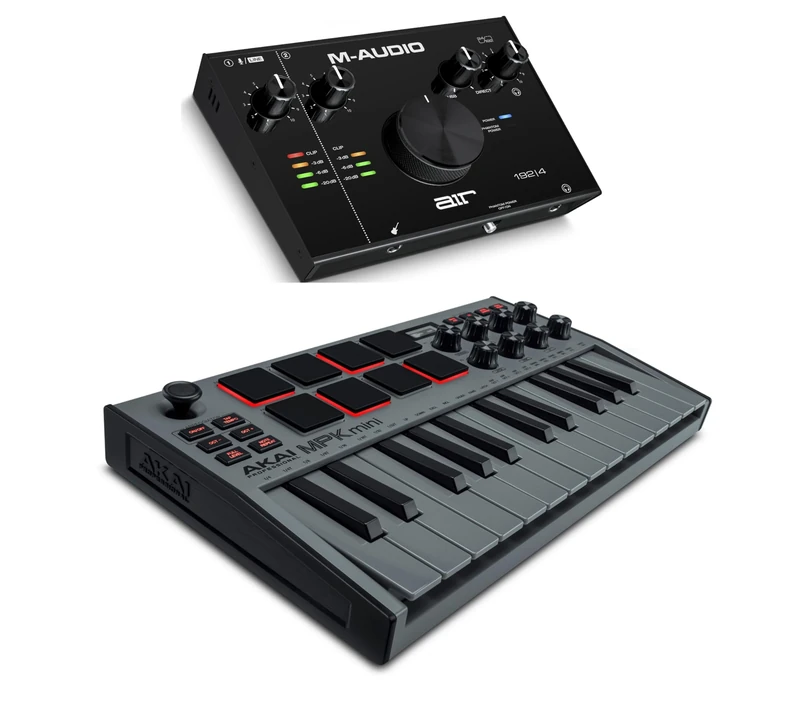 Recording Studio Package - Akai Professional MPK Mini MK3 USB MIDI Keyboard Controller and M-Audio AIR 192I4 Audio Interface, with Production Software, grey