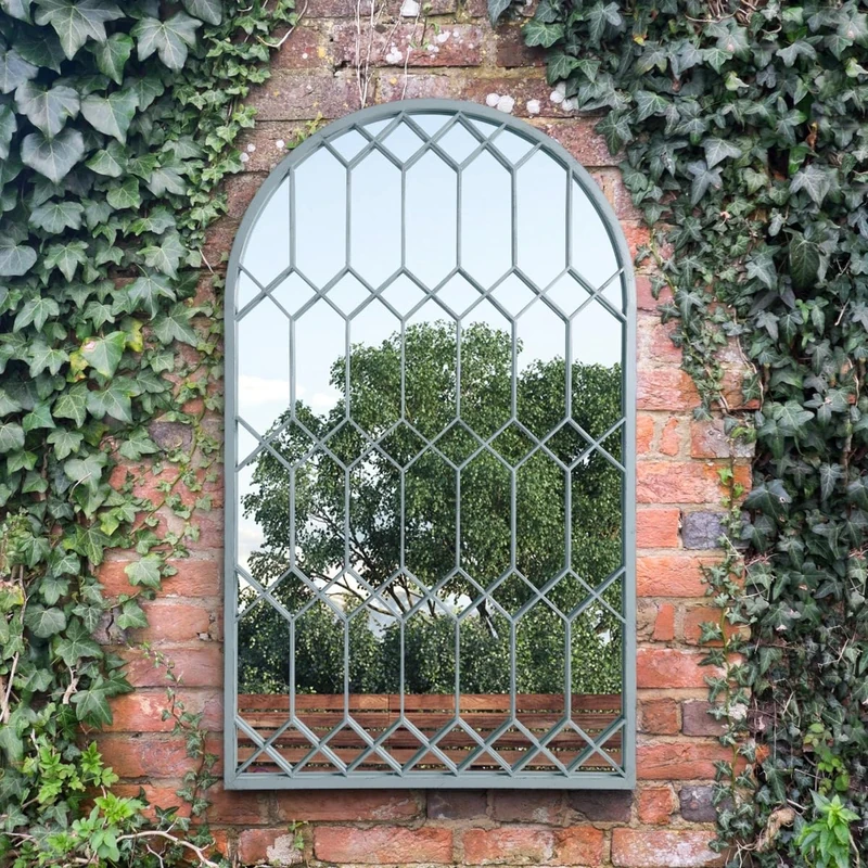 The Arcus - Duck Egg Blue Metal Framed Arched Garden Wall Mirror 49" X 30" (125CM X 75CM)