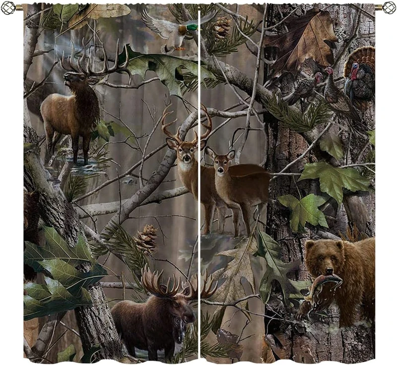 Wusihorld Black Out Camo Tree Blackout Curtains Home Decor,Forest Camouflage Wildlife Moose Deer Bear Rod Pocket Thermal Insulated Drapes Darkening Window Curtain for Bedroom Living Room 84 x 84 Inch