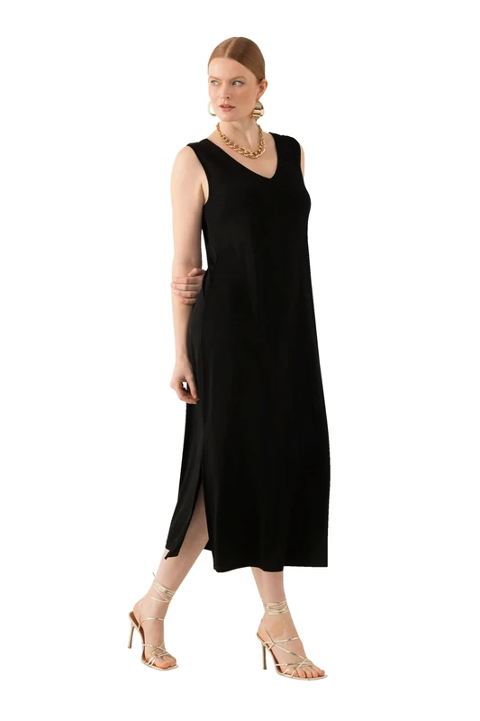 Ulla Popken Women's Plus Size Plus Size Slinky Midi Dress A-line V Neck Sleeveless 819540, Black, 32/34